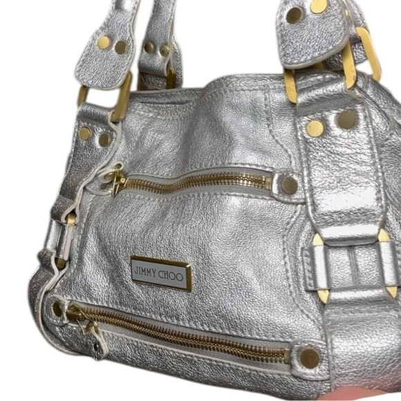Jimmy Choo Mahala Tote Metallic Silver Leather Gold Hardware Shoulder Bags